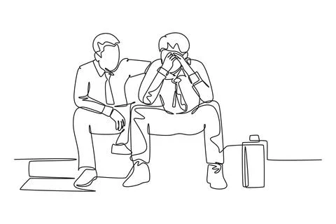 Single continuous line drawing young male worker hugging and cheering his s.. Stock Illustration
