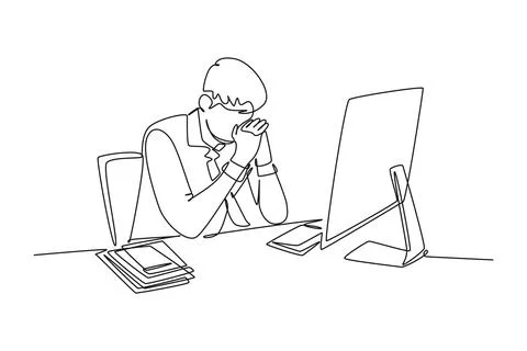 Single continuous line drawing young tired male employee holding head while.. Stock Illustration