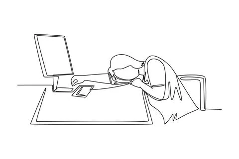 Single continuous line drawing of young tired female employee sleeping on t.. Stockillustratie