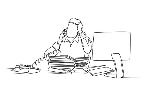 Single continuous line drawing of young bored male worker receiving phone c.. Stock Illustration