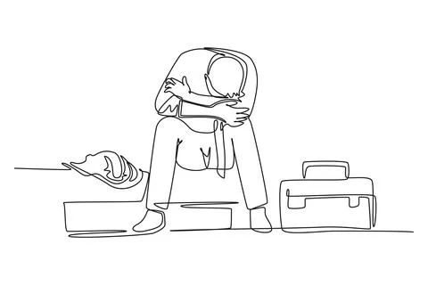Single continuous line drawing of young depressed male manager bowed limply.. Illustrazione stock