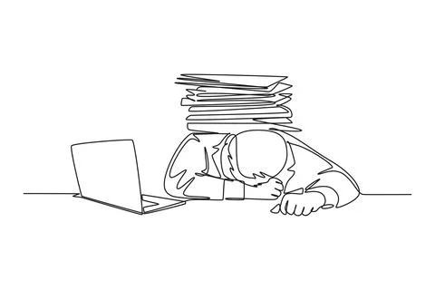 Single continuous line drawing young despair employee got crushed by pile o.. Stock Illustration