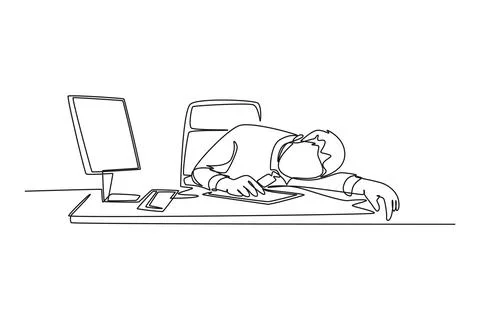 Single continuous line drawing of young tired male employee sleeping on the.. Illustrazione stock