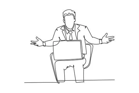 Single continuous line drawing of young confused businessman sitting on the.. Stock Illustration
