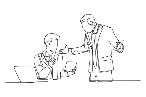 Single continuous line drawing of young upset manager asking staff about sa.. 스톡 일러스트