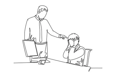 Single continuous line drawing of young upset manager pointing finger to hi.. 스톡 일러스트