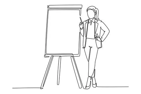 Single continuous line drawing of young businesswoman presenting new golden.. Stock Illustration