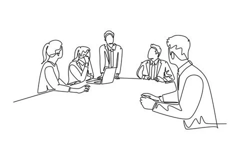 Single continuous line drawing young happy board of director discussing com.. Stockillustratie