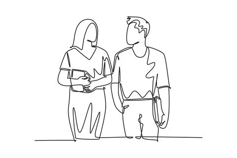 Single continuous line drawing young happy male and female couple student t.. Stock Illustration