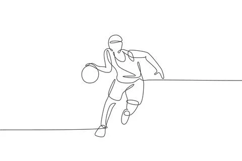 Single continuous line drawing of young basketball player dribbling a ball Illustrazione stock