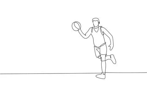 Single continuous line drawing of young healthy basketball player dribbling 스톡 일러스트