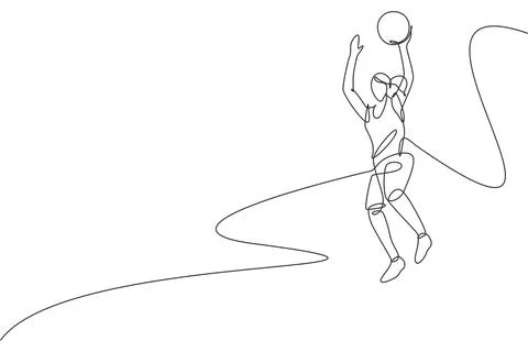 Single continuous line drawing of young healthy basketball female player jump Stock Illustration