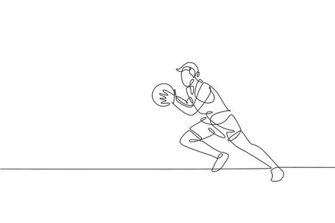 Single continuous line drawing of young healthy basketball male player run イラスト素材
