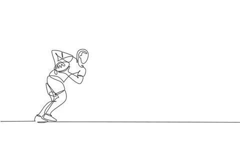 Single continuous line drawing young rugby player run defending the ball Stock-Illustration