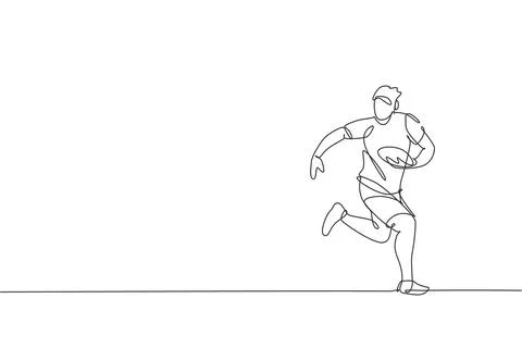 Single continuous line drawing of young rugby player running and hold a ball イラスト素材