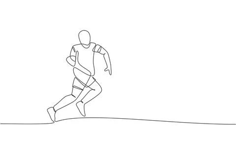 Single continuous line drawing young rugby player running to catch ball Illustrazione stock
