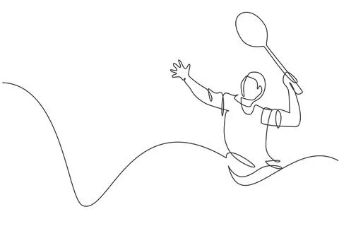 Single continuous line drawing young agile badminton player hit shuttlecock Illustrazione stock