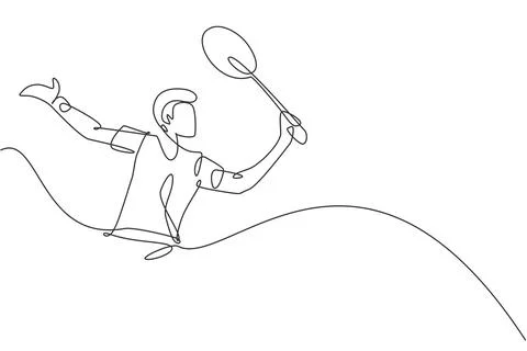 Single continuous line drawing of young agile badminton player give drop shot 스톡 일러스트