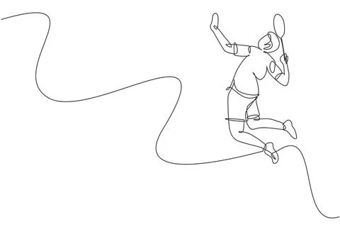 Single continuous line drawing of young agile badminton player jump hit Illustrazione stock