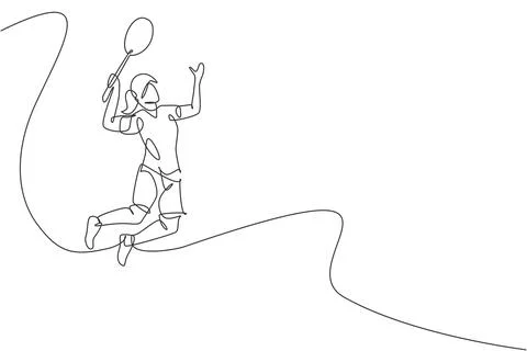 Single continuous line drawing of young agile badminton player jump hit Illustrazione stock