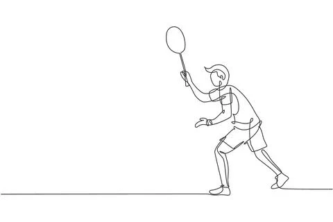 Single continuous line drawing of young agile badminton player wait for hit Illustrazione stock