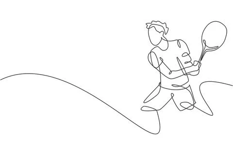 Single continuous line drawing of young agile tennis player hit the ball Stock Illustration