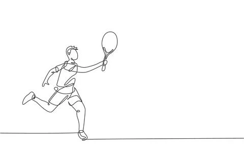Single continuous line drawing of young man tennis player hold the ball Stock Illustration