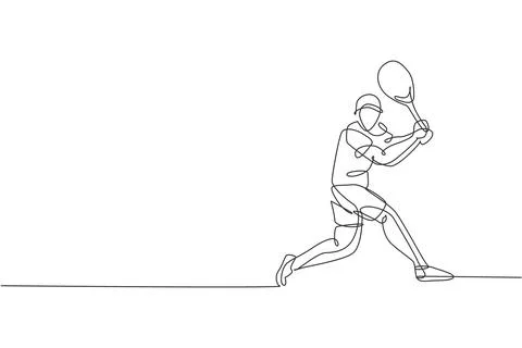 Single continuous line drawing of young tennis player prepare to hit ball Stock-Illustration