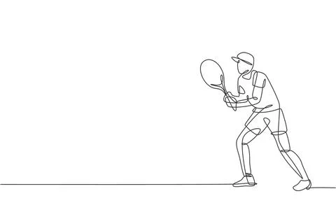 Single continuous line drawing of young agile tennis player concentrate Stock Illustration