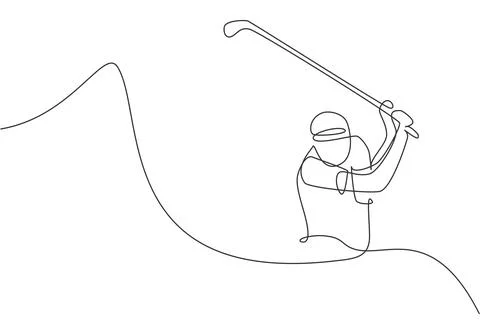 Single continuous line drawing of young happy golf player swing the golf club Stock Illustration