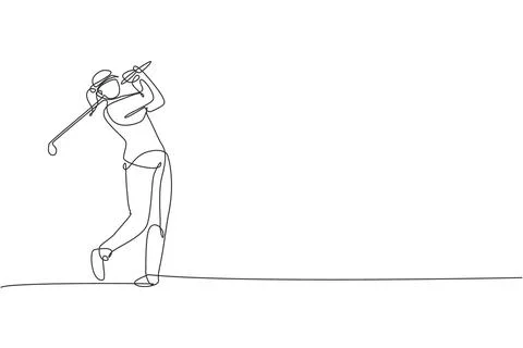 Single continuous line drawing of young happy golf player swing the golf club Stock Illustration