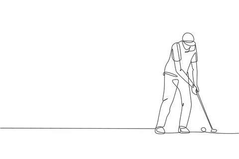 Single continuous line drawing of young happy golf player swing the golf club Illustrazione stock