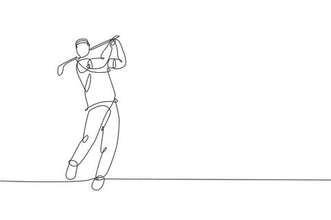 Single continuous line drawing of young happy golf player swing the golf club Stock Illustration