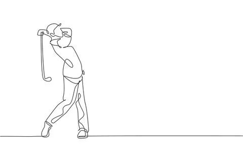 Single continuous line drawing of young happy golf player swing the golf club Illustrazione stock