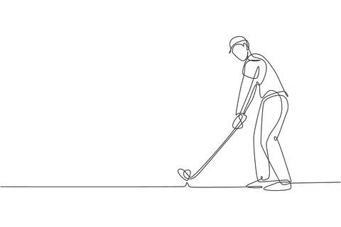 Single continuous line drawing of young happy golf player swing the golf club Stock Illustration