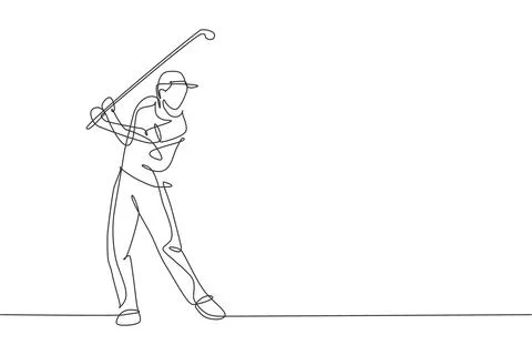 Single continuous line drawing of young happy golf player swing the golf club Illustrazione stock