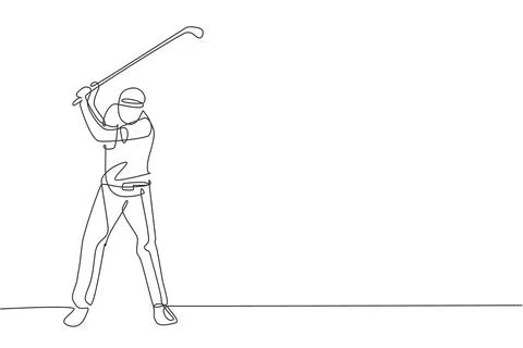Single continuous line drawing of young happy golf player swing the golf club Stock Illustration