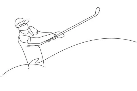 Single continuous line drawing of young happy golf player swing the golf club イラスト素材