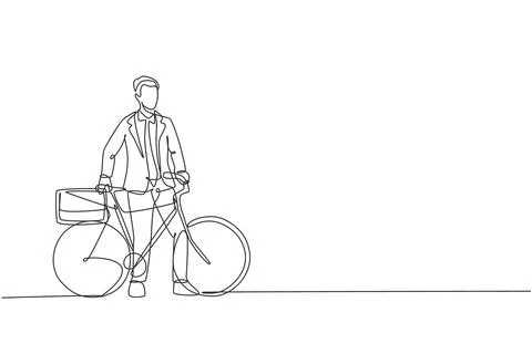 Single continuous line drawing young professional businessman riding bicycl.. Stock Illustration