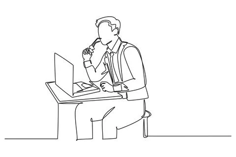 Single continuous line drawing young manager focus thinking and holding his.. Stock Illustration