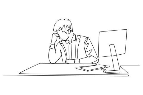 Single continuous line drawing young tired pensive male employee with work .. Stock Illustration