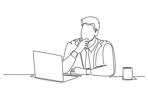 Single continuous line drawing young male worker sitting and thinking serio.. イラスト素材