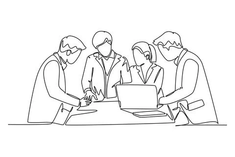 Single continuous line drawing young happy startup workers facing laptop co.. Stock Illustration