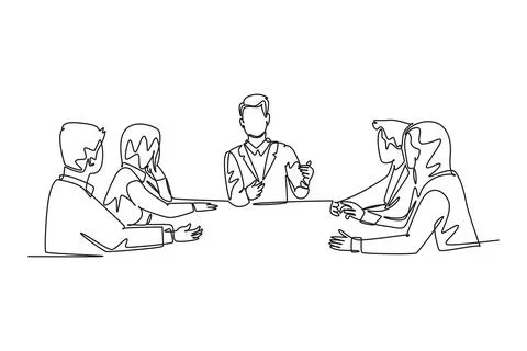 Single continuous line drawing of young male and female sales managers meet.. Stock Illustration