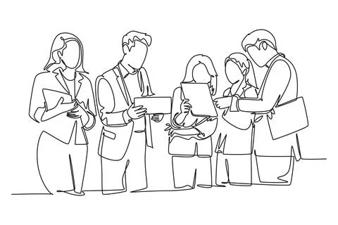 Single continuous line drawing of young businessman and business woman stan.. Ilustração Stock