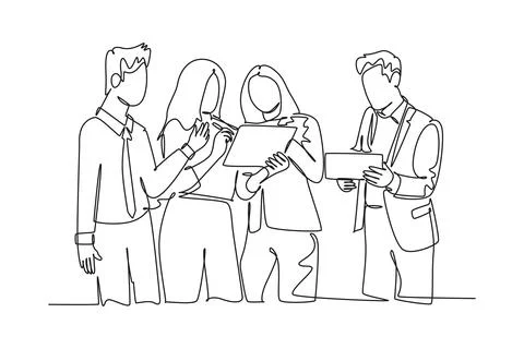 Single continuous line drawing young happy male and female workers standing.. イラスト素材