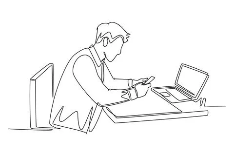 Single continuous line drawing young programmer typing message on smart pho.. イラスト素材