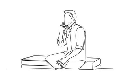 Single continuous line drawing young business man sitting on office desk an.. Ilustração Stock