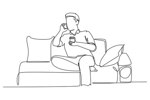 Single continuous line drawing young happy manager holding cup of coffee wh.. Stock Illustration
