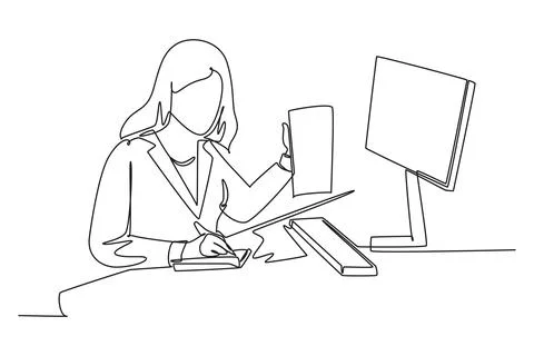 Single continuous line drawing of young woman employee asking her friends u.. Stock Illustration